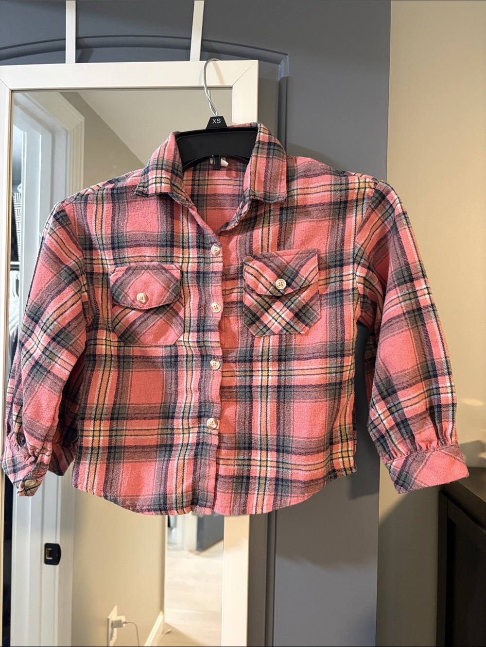 Girls Pink Plaid Button-Up Shirt with Chest Pockets